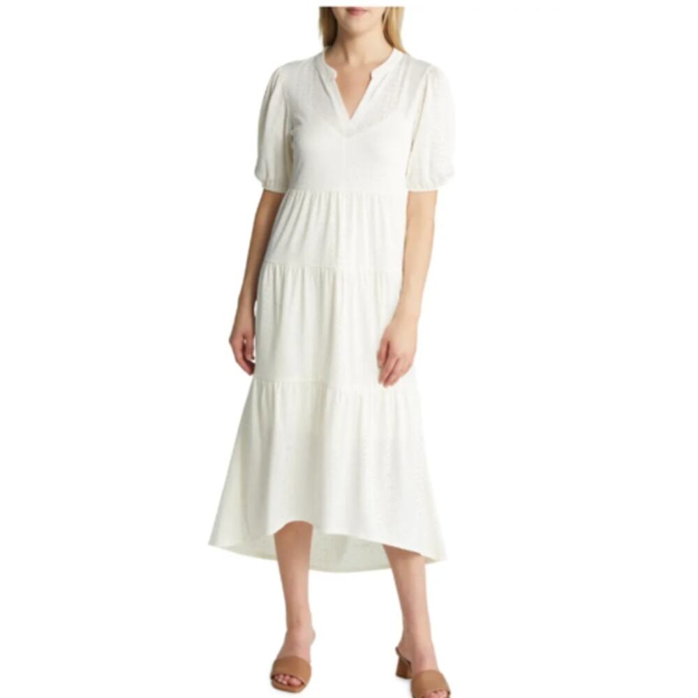 Bobeau Brynn Tiered Shirt Dress Women's Size 2X White Eyelet Short Sleeve New